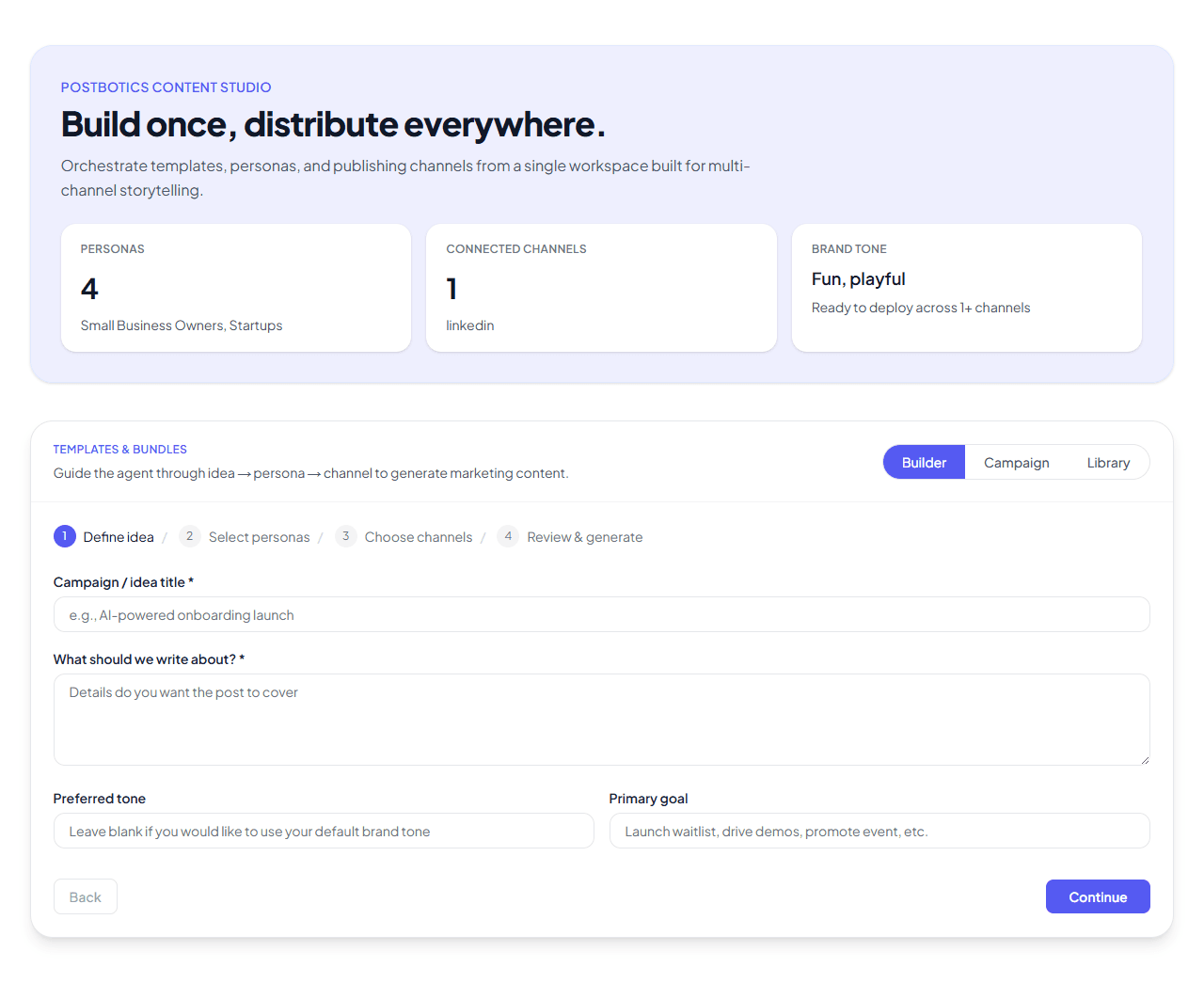 Postbotics Content Builder interface showing AI-powered content generation